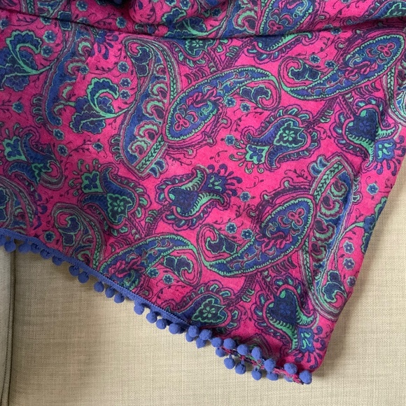 AERIE Pink Infinity Scarf in Pink Paisley Print with Purple Pompoms - Picture 1 of 3